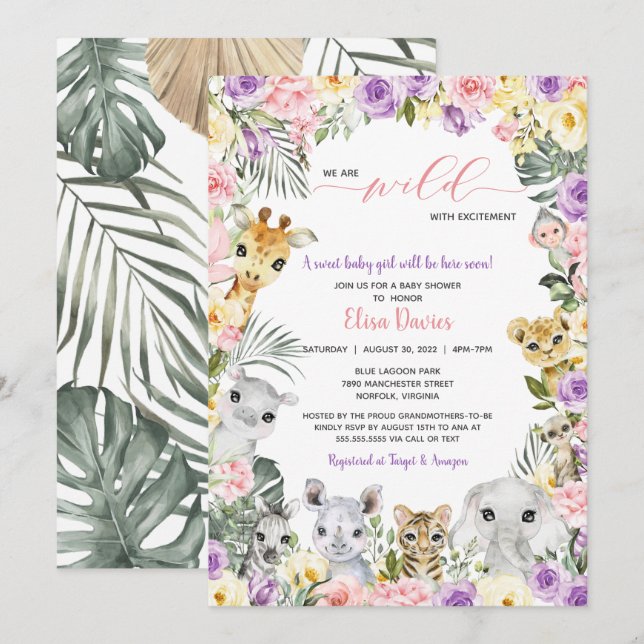 Invitación Chica de Animales Floral Jungle Safari Baby Shower (Anverso / Reverso)