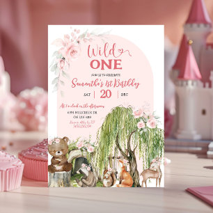 Invitación Chica de Animales Pink Wild One Woodland