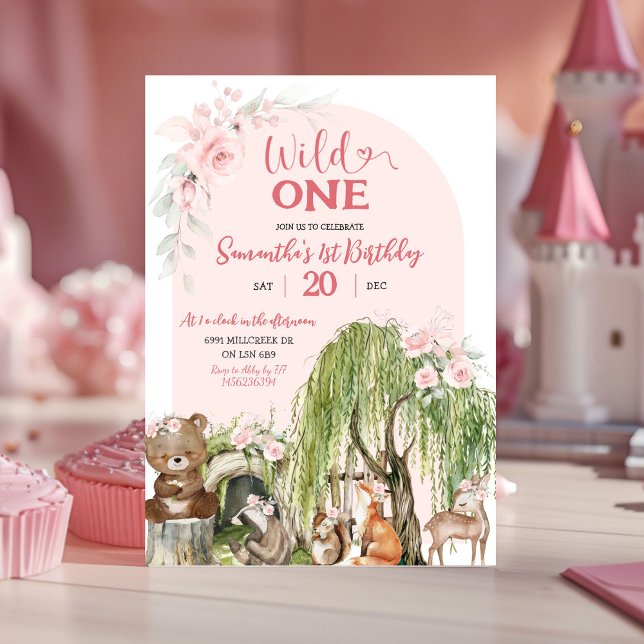 Invitación Chica de Animales Pink Wild One Woodland (Subido por el creador)