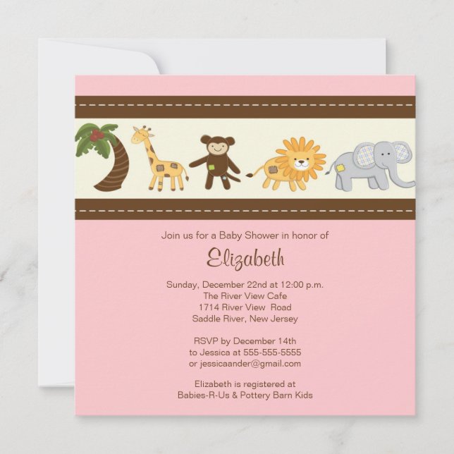 Invitación Chica de animales Safari de la selva Baby Shower (Anverso)