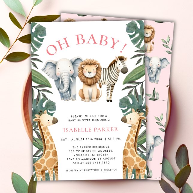 Invitación Chica de animales salvajes de Safari Baby Shower (Wild Safari Animals Girl Baby Shower Invitation)