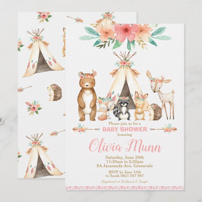 Invitación Chica de animales silvestres Baby Shower Forest An (Anverso / Reverso)