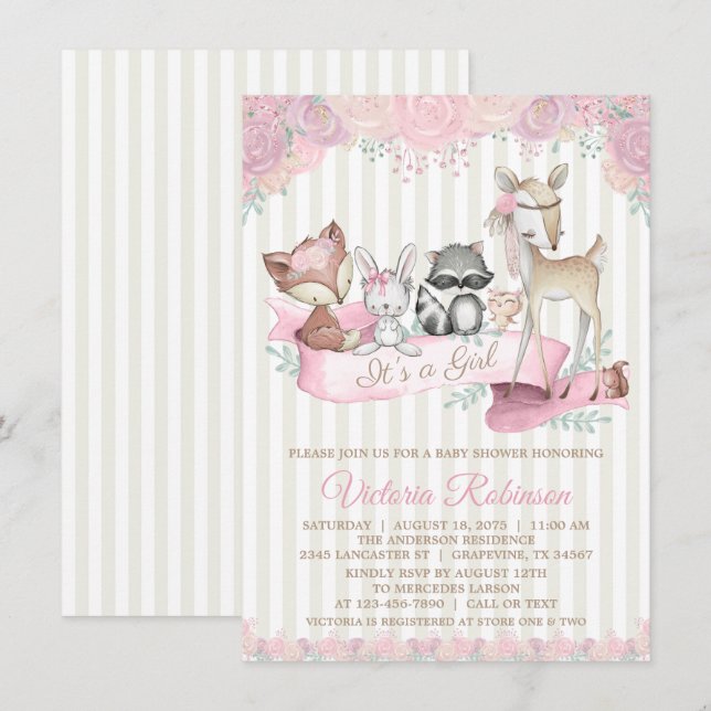 Invitación Chica de animales Sweet Woodland Baby Shower (Anverso / Reverso)