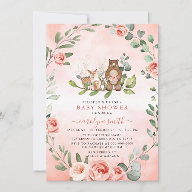 Invitación Chica de animales Woodland Baby Shower (Anverso)