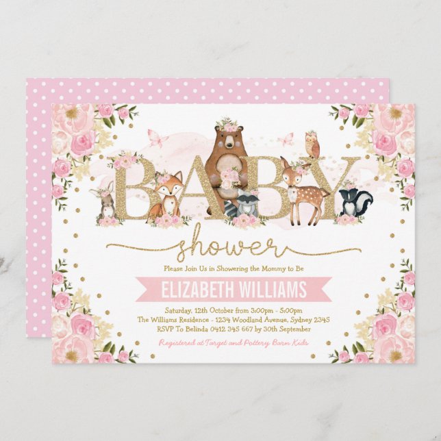 Invitación Chica de Animales Woodland Floral de Oro Rosa Baby (Anverso / Reverso)