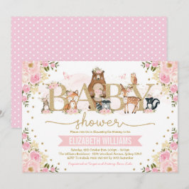 Invitación Chica de Animales Woodland Floral de Oro Rosa Baby