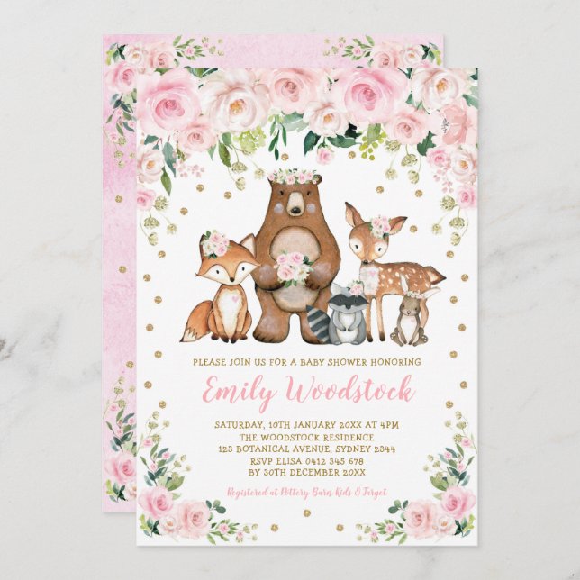 Invitación Chica de Animales Woodland Floral de Oro Rosa Baby (Anverso / Reverso)