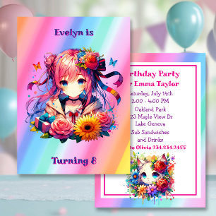 Invitación Chica de anime arcoiris y fiesta de cumpleaños de