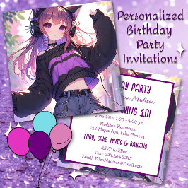 Invitación Chica de anime en audífonos Fiesta de cumpleaños