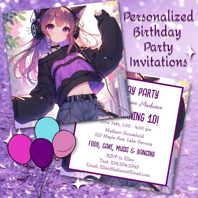 Invitación Chica de anime en audífonos Fiesta de cumpleaños (Subido por el creador)