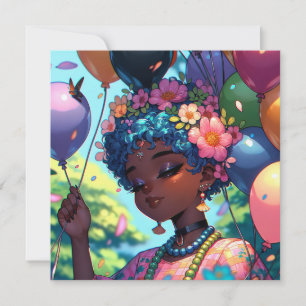 Invitación Chica de anime negro bonito con cumpleaños