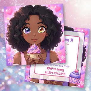 Invitación Chica de anime rosa y morado y pastel de cumpleaño