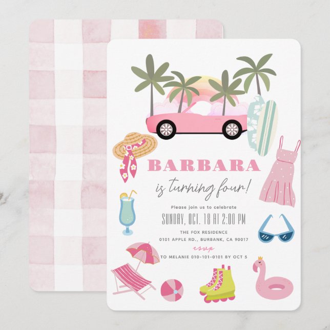 Invitación Chica de árbol de palmas convertible rosa Cumpleañ (Anverso / Reverso)