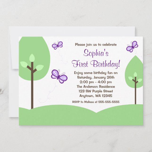 Invitación Chica de árboles mariposa púrpura cumpleaños (Anverso)