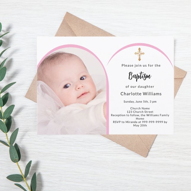 Invitación Chica de arco fotográfico rosa cruza el bautismo (Subido por el creador)