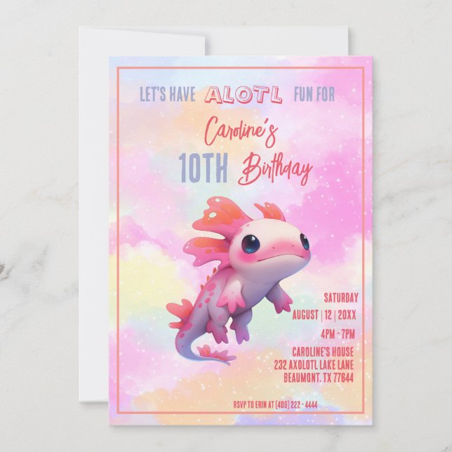 Invitación Chica de arco iris de axolotl rosa suave bajo el a (Anverso)