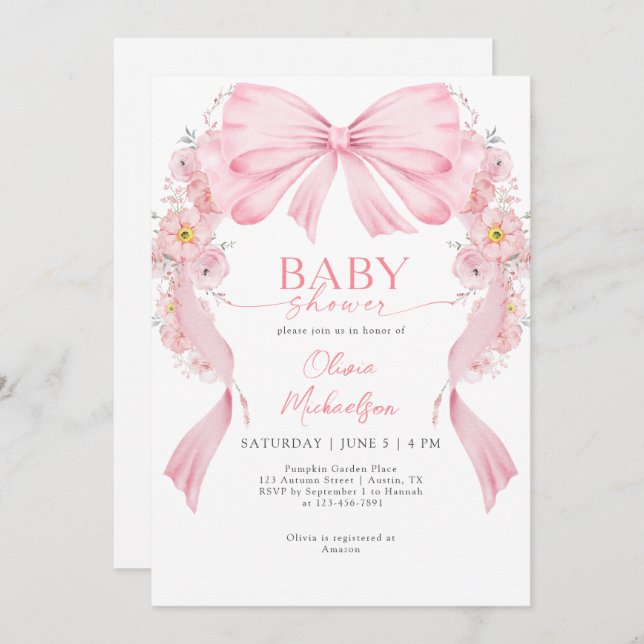 Invitación Chica de arcos florales Ribbon Coquette rosa Baby  (Anverso / Reverso)
