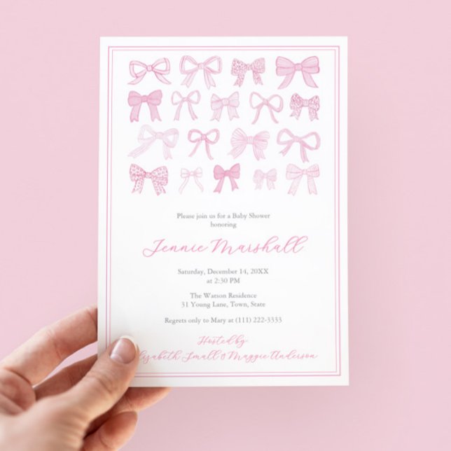 Invitación Chica de arcos rosados bonito Fiesta Baby Shower (Pretty pink and white hand painted watercolor bows baby shower invitation for little girl)