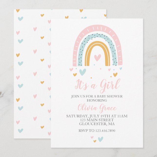 Invitación Chica de arcos y corazón Baby Shower Pastel (Anverso / Reverso)