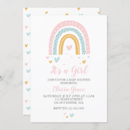 Invitación Chica de arcos y corazón Baby Shower Pastel