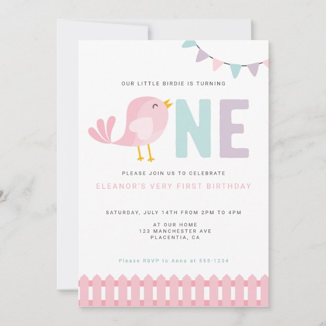 Invitación Chica de Ave Primer Cumpleaños Invita Pequeña Bird (Anverso)