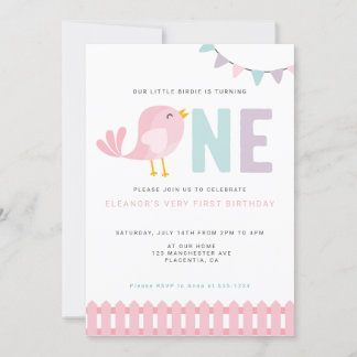 Invitación Chica de Ave Primer Cumpleaños Invita Pequeña Bird