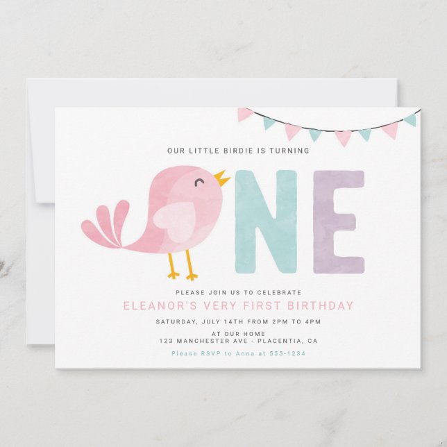 Invitación Chica de Ave Primer Cumpleaños Invita Pequeña Bird (Anverso)