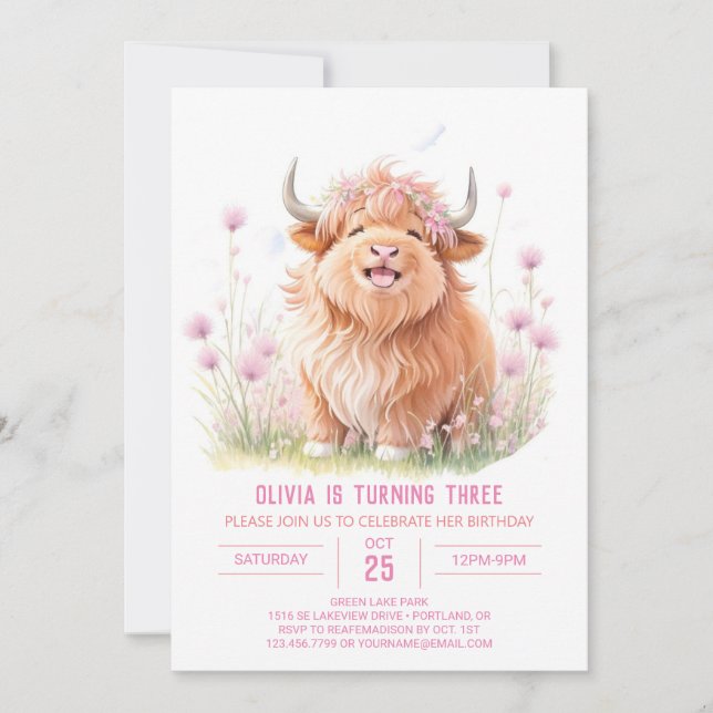 Invitación Chica de aventuras de vacas rosadas en Highland Cu (Anverso)