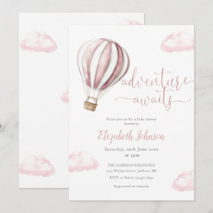 Invitación Chica de aventuras Pink Hot Air Balloon Baby Showe