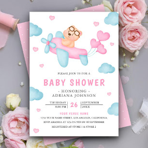 Invitación Chica de avión rosa lindo oso de peluche baby show