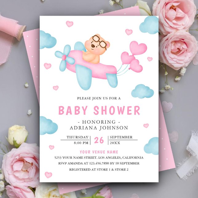 Invitación Chica de avión rosado lindo Teddy Bear Baby Shower (Subido por el creador)