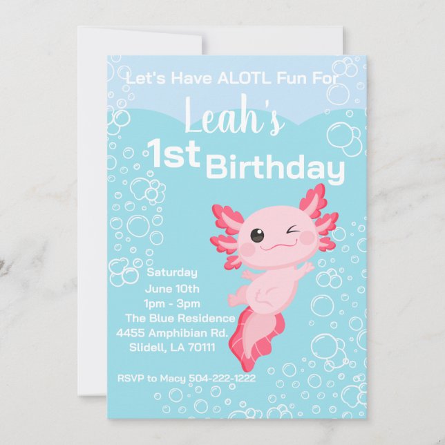 Invitación Chica de Axolotl rosa Primer Fiesta de cumpleaños (Anverso)