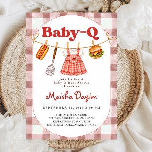 Invitación Chica de Baby-Q con tela a cuadros rojos en tended
