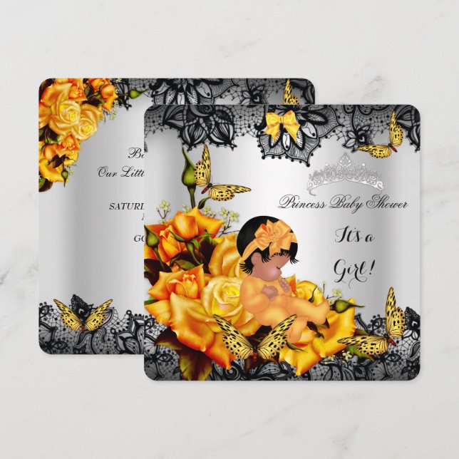 Invitación Chica de Baby Shower afroamericano mariposa amaril (Anverso / Reverso)