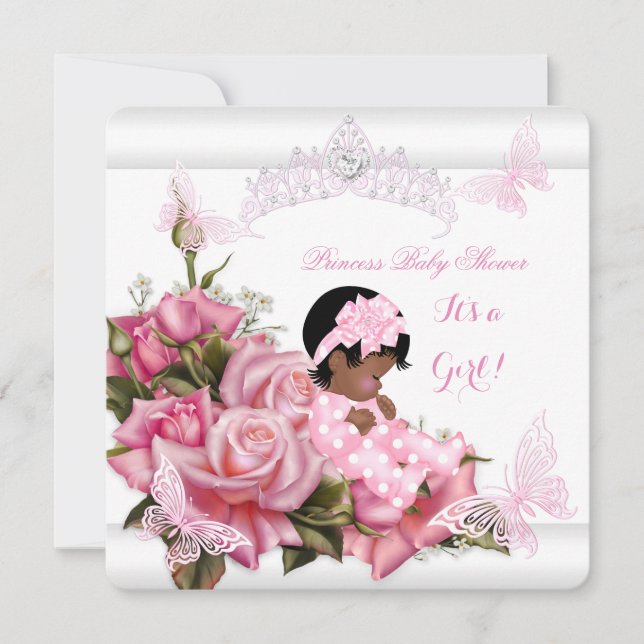 Invitación Chica de Baby Shower afroamericano mariposa rosa W (Anverso)