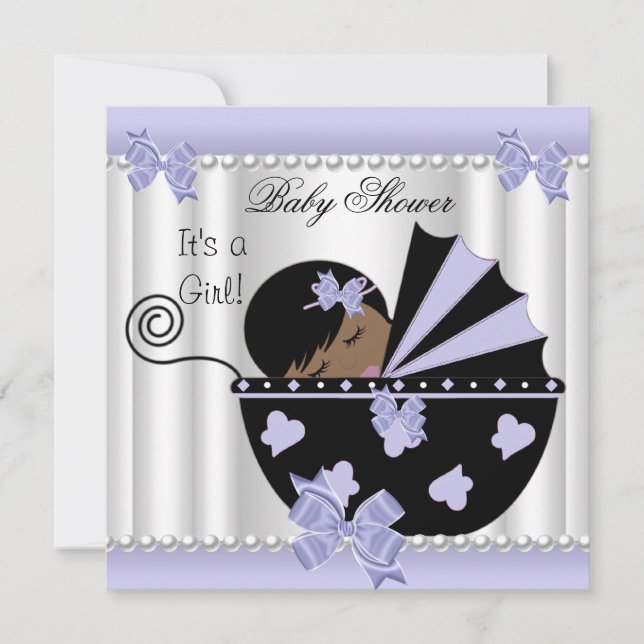Invitación Chica de Baby Shower afroamericano morado blanco (Anverso)