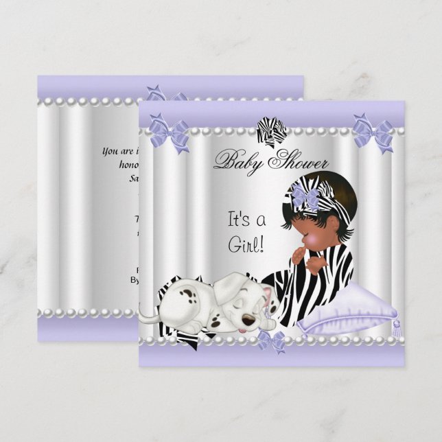 Invitación Chica de Baby Shower afroamericano morado cebra (Anverso / Reverso)