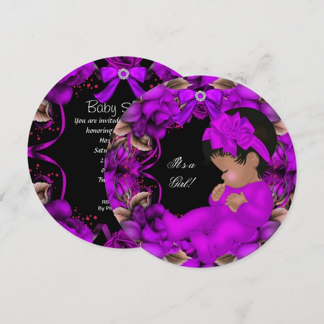 Invitación Chica de Baby Shower afroamericano morado Rosas R3 (Anverso / Reverso)