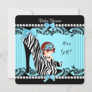 Invitación Chica de Baby Shower Azul Turquesa Cebra Pelo Rojo