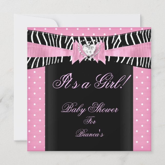 Invitación Chica de Baby Shower Baby Pink Black Zebra polka p (Anverso)