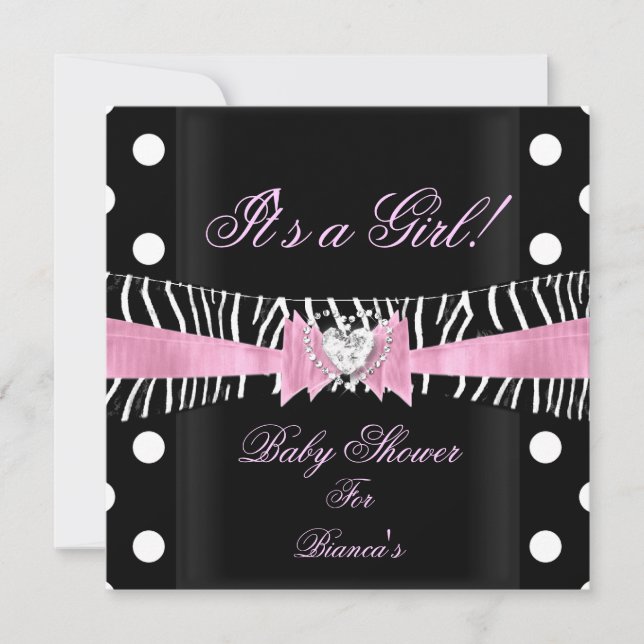 Invitación Chica de Baby Shower Baby Pink Black Zebra polka p (Anverso)