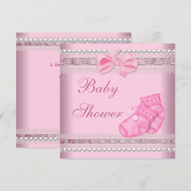 Invitación Chica de Baby Shower Baby Pink Booties Pearl Lace (Anverso / Reverso)
