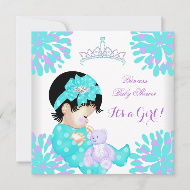 Invitación Chica de Baby Shower Bebé dulce Verde azulado Oso  (Anverso)