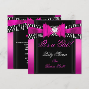 Invitación Chica de Baby Shower Bebé Rosa Caliente Negro Cebr