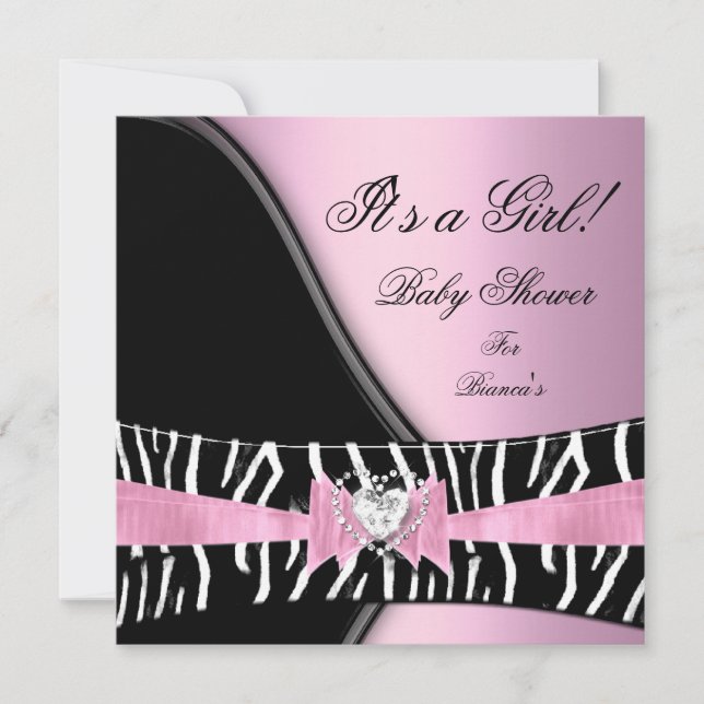 Invitación Chica de Baby Shower Bebé Rosa Negro Cebra (Anverso)