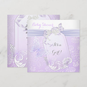 Invitación Chica de Baby Shower Blanca Lila Princesa Mariposa