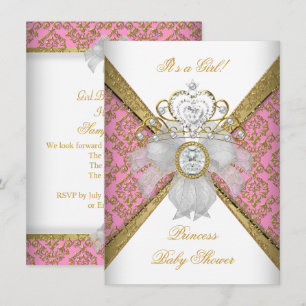 Invitación Chica de Baby Shower Blanca Rosa Princesa Damask