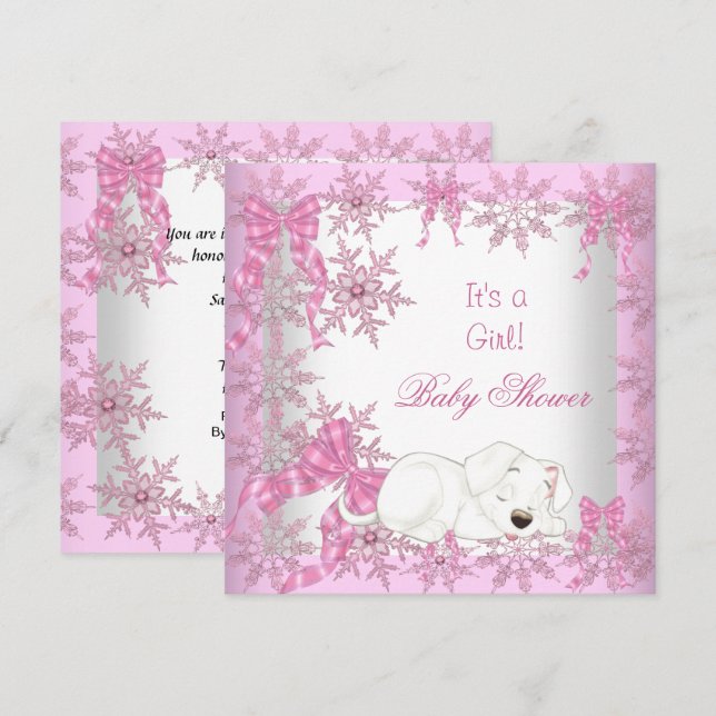 Invitación Chica de Baby Shower Bonito copos de nieve rosados (Anverso / Reverso)