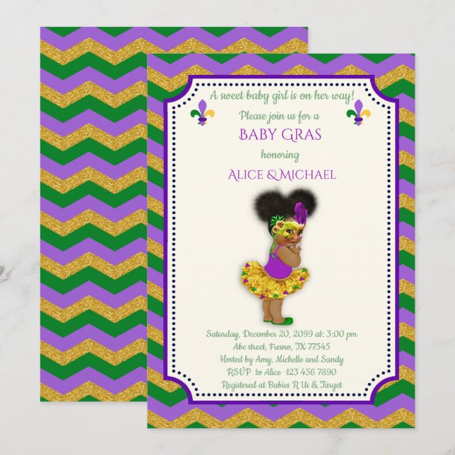 Invitación Chica de Baby Shower, Chica de Mardi Gras, oro, ch (Anverso / Reverso)
