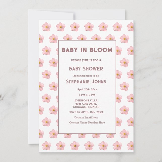 Invitación Chica de Baby Shower con flores rosadas Baby In Bl (Anverso)